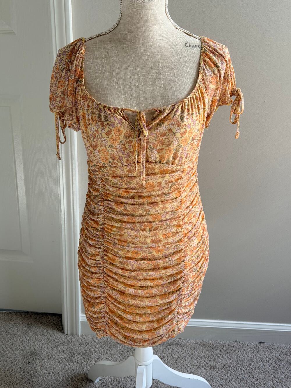 No Comment Yellow Floral Print Ruched Bodycon Mini Dress Size XL